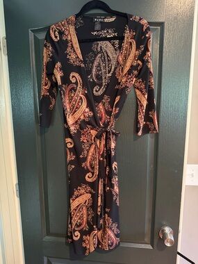 BCBG Black Paisley Midi Wrap Dress with Gold and Rust Accents